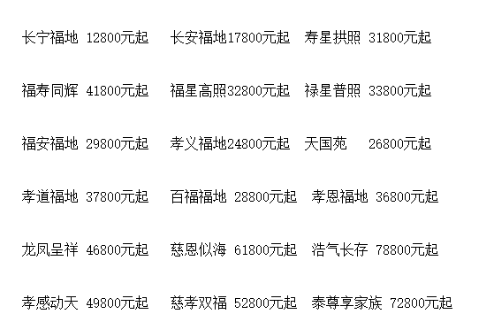常山陵园部分墓碑价格